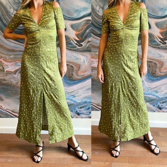 NWT Ganni Satin V-Neck Maxi Dress Sz 38 Going Green Cut-out Shoulder Front Slit - Picture 1 of 12